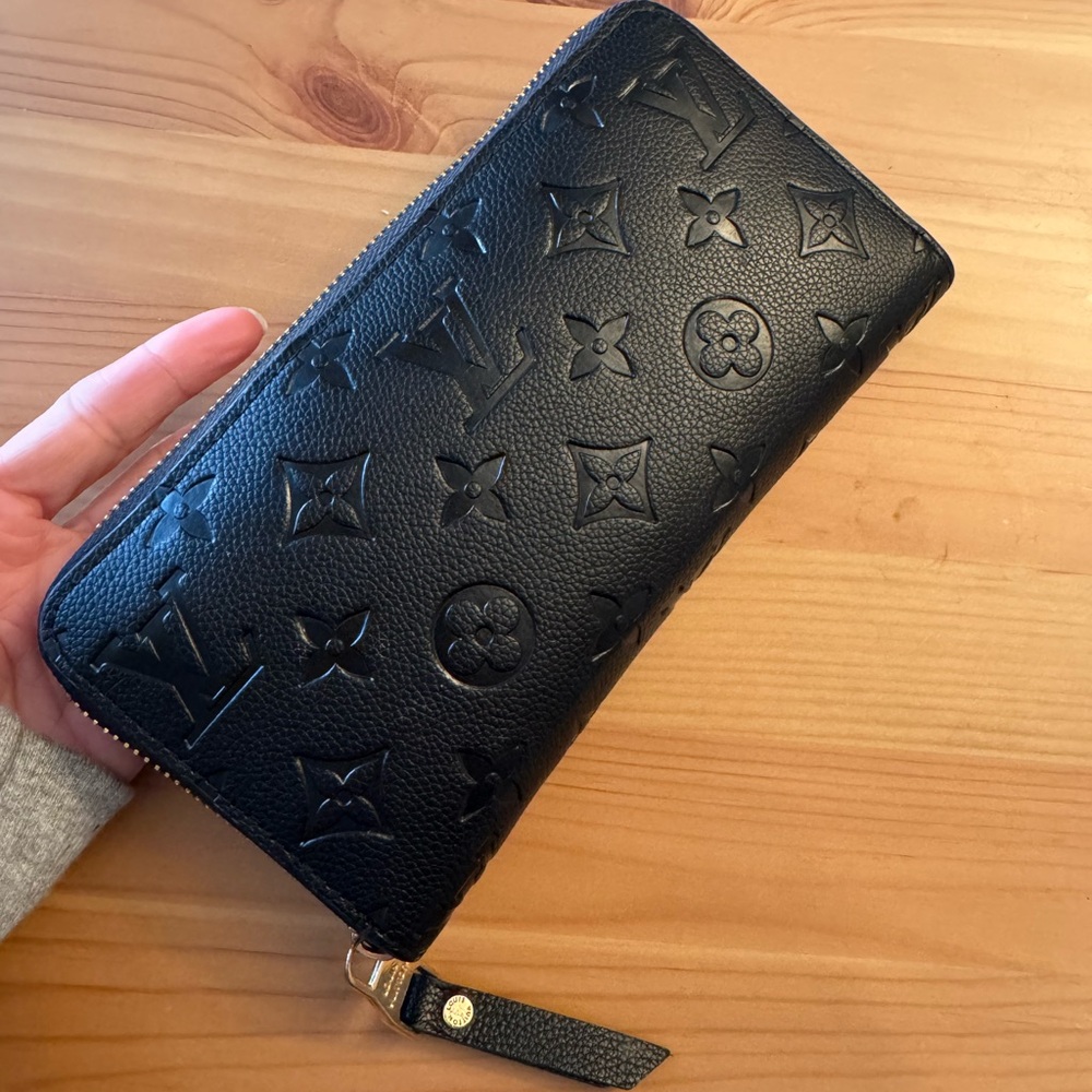 Louis Vuitton Black Embossed Monogram Zip Wallet with Gold Hardware